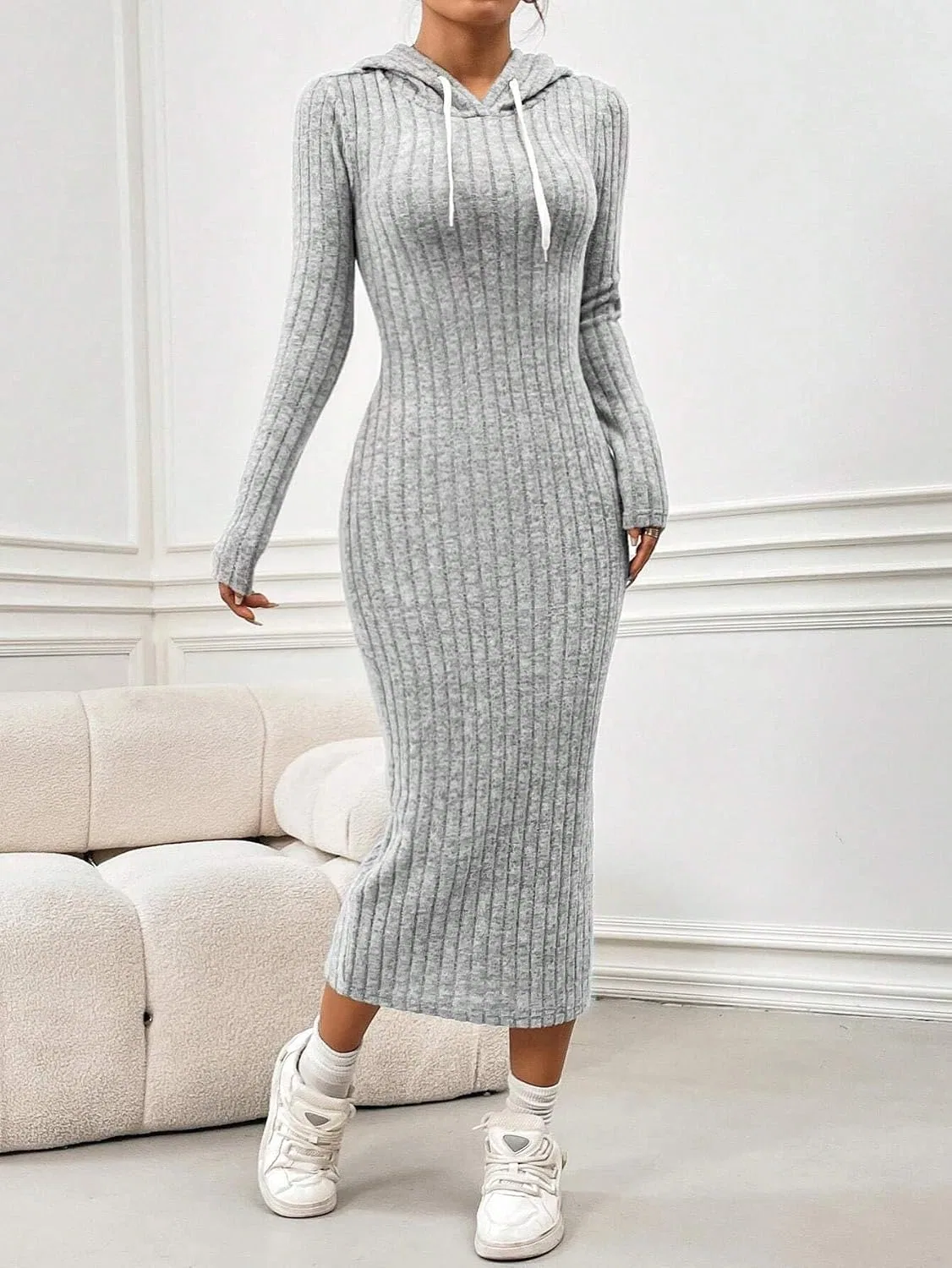 Женское повседневное платье с капюшоном Bodycon, Gray — фото 2