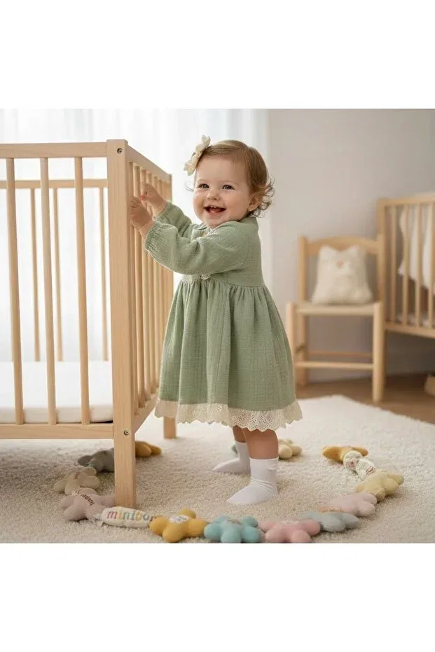 Детский комплект платьев для девочек с кружевом Miniborn, Green — фото 3