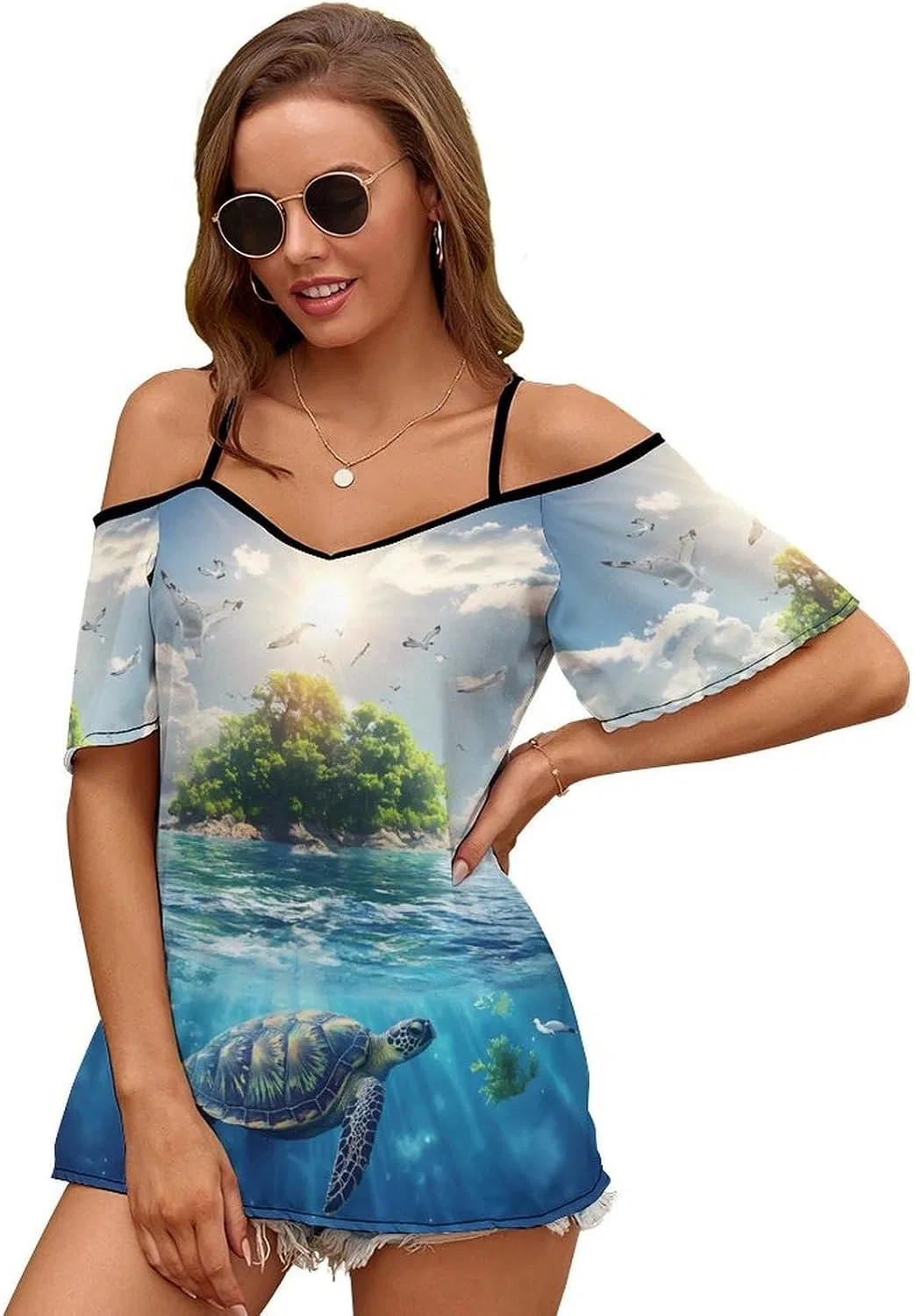 Женское платье-футболка с открытыми плечами Sea Turtles