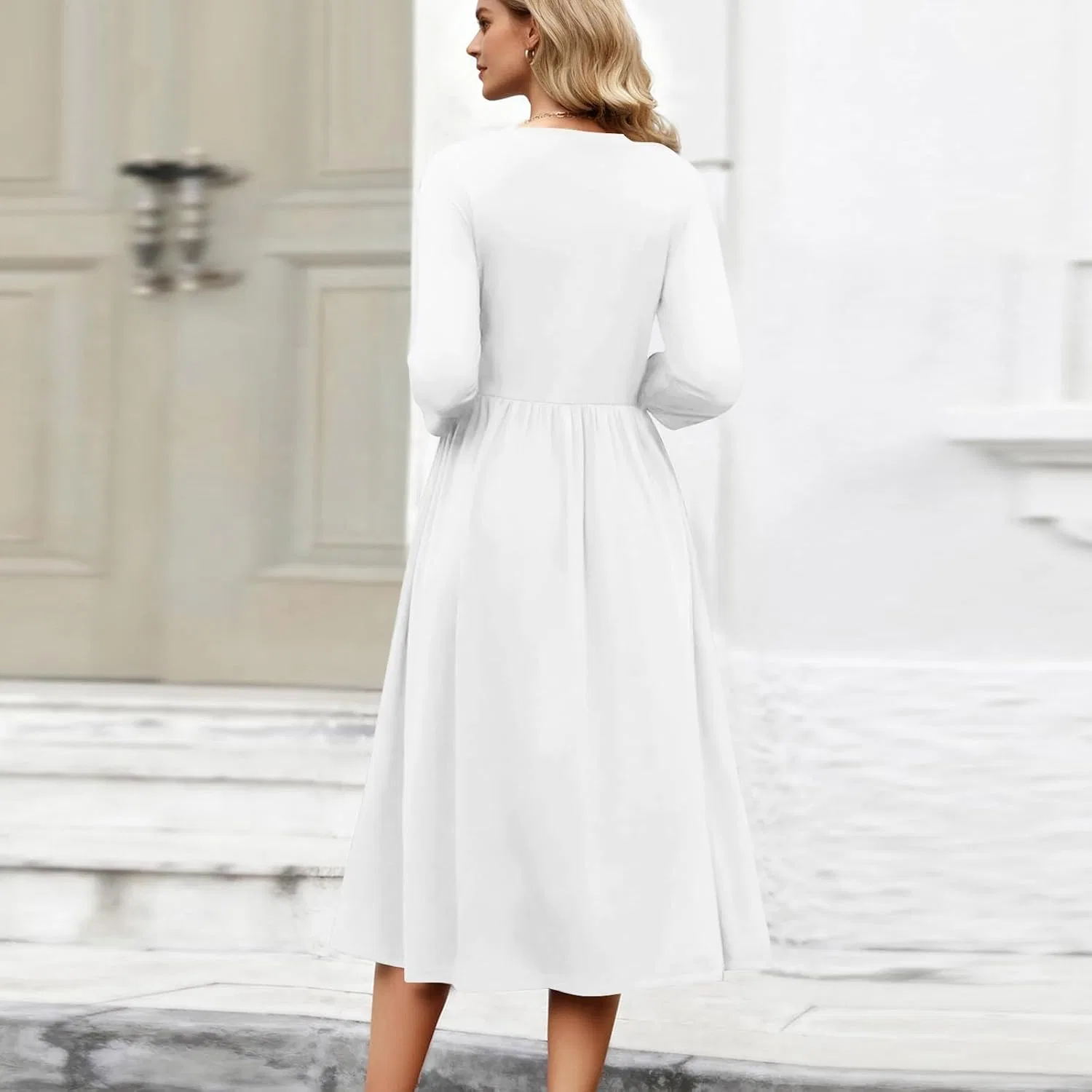 Женское платье миди с рукавом 3/4 A-силуэта, White — фото 3