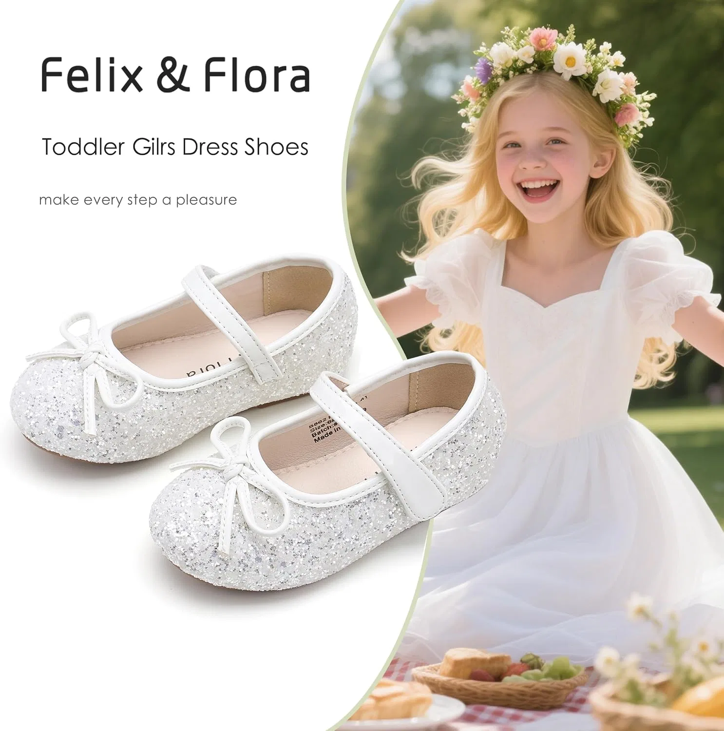 Детские балетки для девочек с цветочным принтом Felix & Flora, Glitter White — фото 4