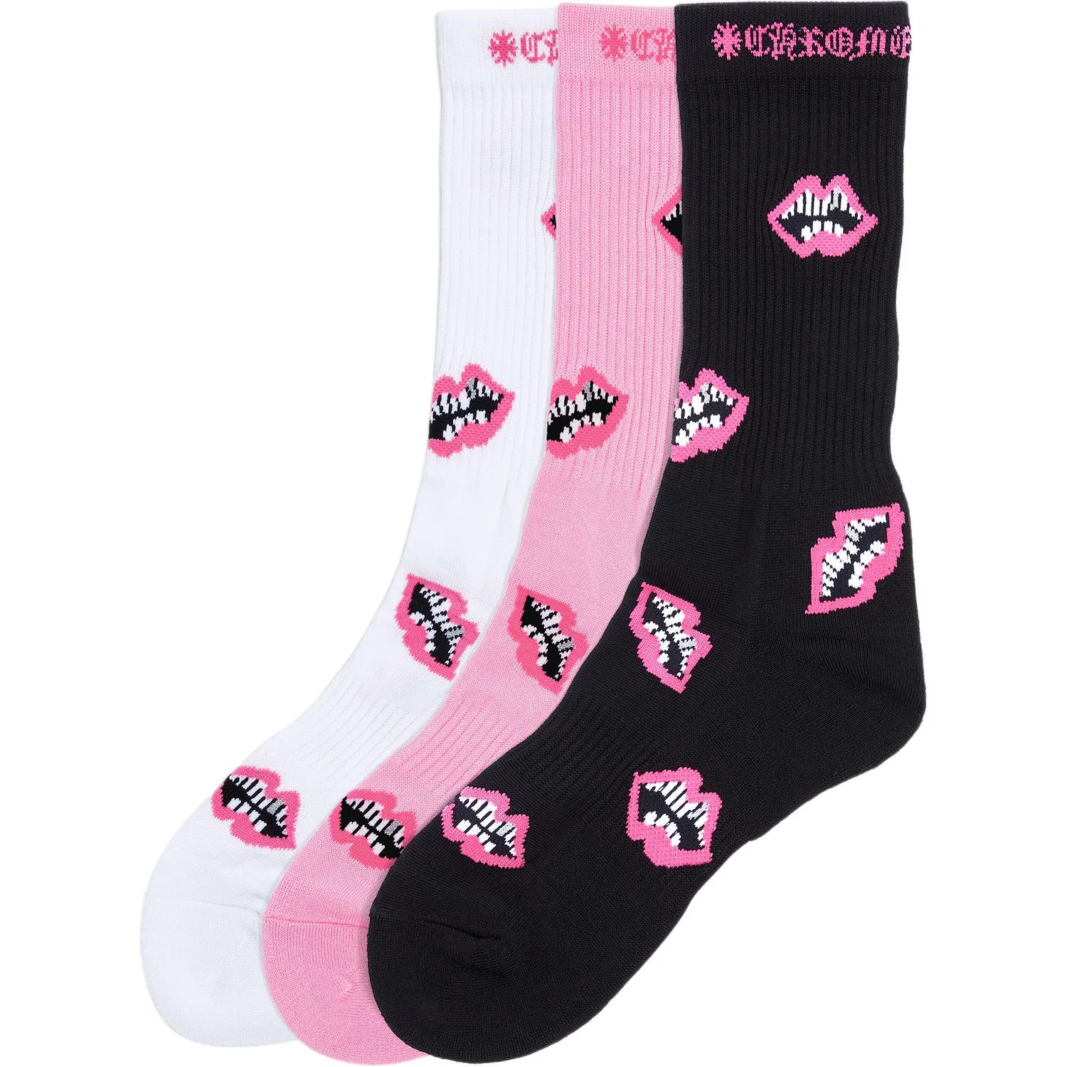 Детские носки с принтом, комплект из 3 пар, Chrome Hearts, White/Pink/Black