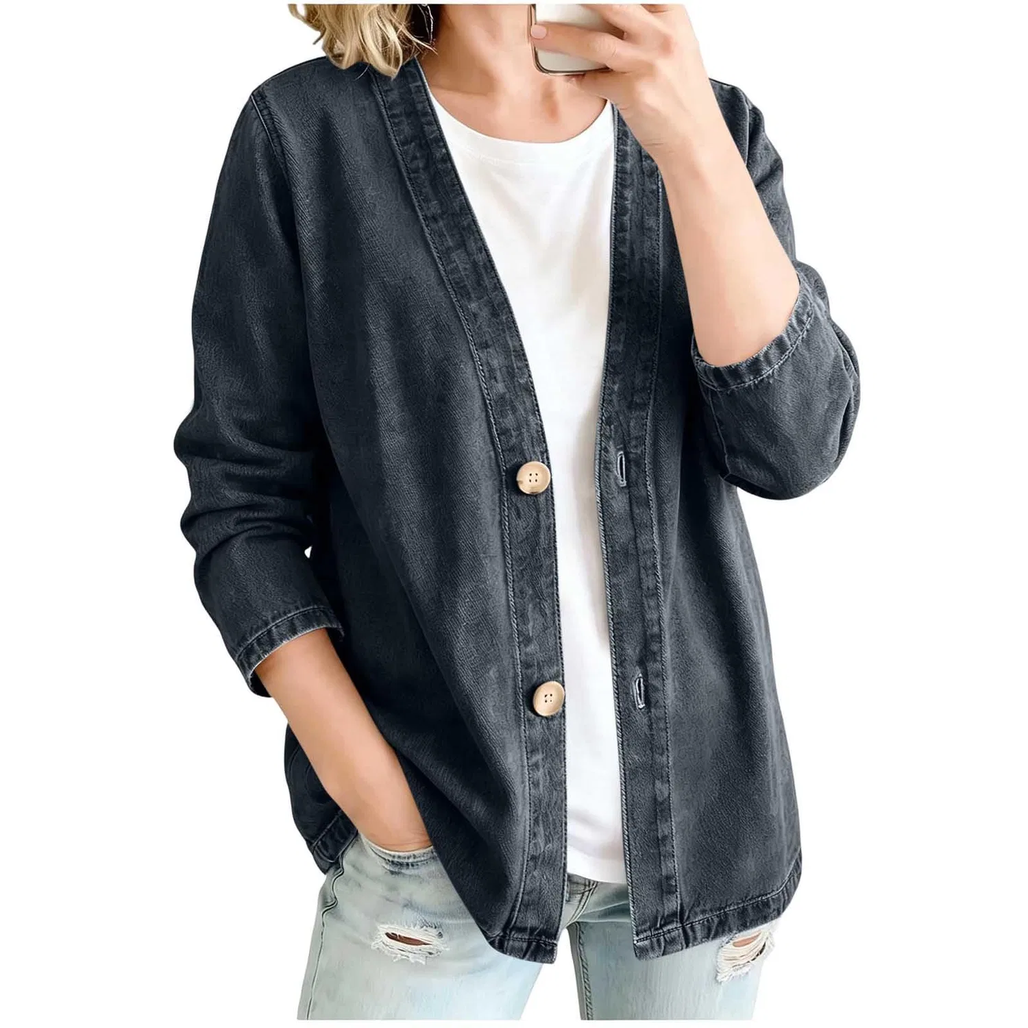 Женская джинсовая куртка с длинным рукавом, модель boyfriend, на пуговицах, vintage, Nero 1