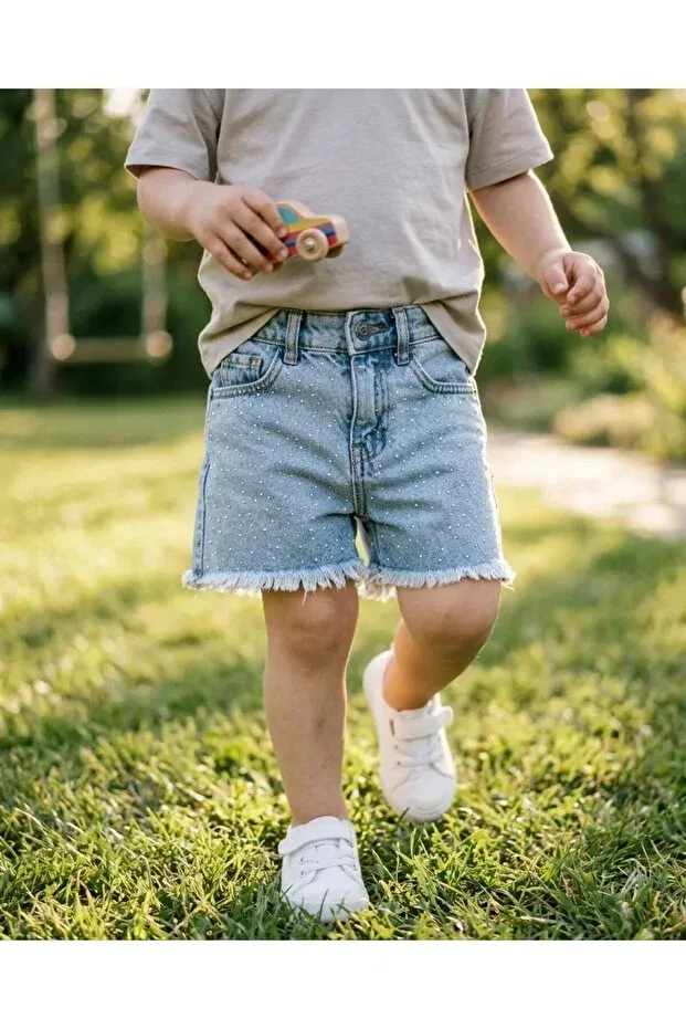 Детские шорты для девочек джинсовые с бахромой Tace Kids Girls Blue Stone Embroidered Fringed Tassel High Waist Denim Jeans Shorts Ta&Ce, Blue