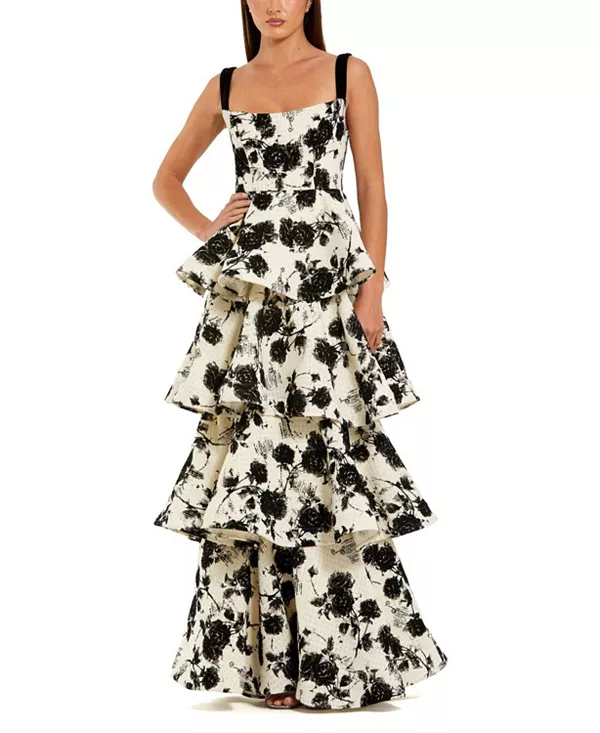 

Платье с цветочным узором из букле и многоярусными оборками Mac Duggal, мультиколор