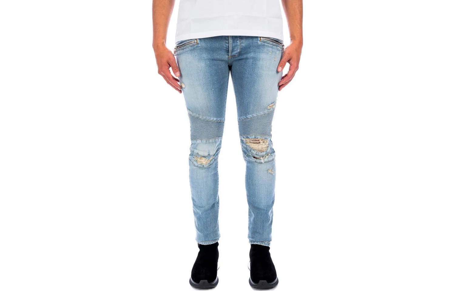 Мужские джинсы зауженные с потертостями Slim Fit Ripped Jeans BALMAIN, Blue