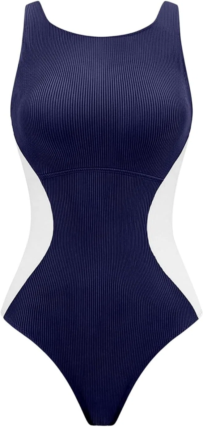 Женский цельный купальник с контролем живота Ribbed Color Block, Navy — фото 4