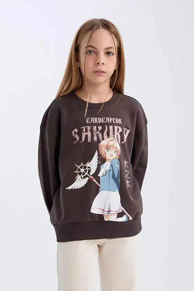 Детские свитшот для девочек оверсайз с принтом Sakura Oversize Wide Fit Crew Neck Defacto, Anthracite-Ar227 — фото 4