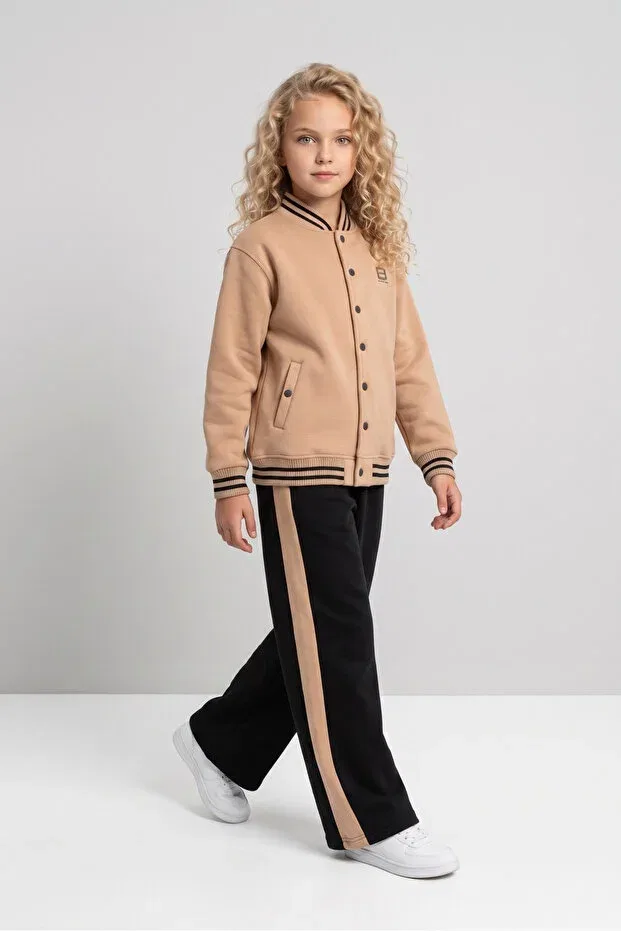 Детский спортивный костюм для девочек с принтом College Collar Wide Leg Tracksuit Set Black One, Beige — фото 2