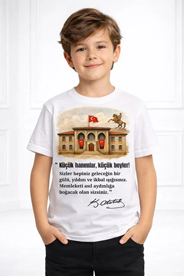 Детская футболка с принтом 23 April TBMM and Ataturk Signature B Printed T-Shirt Dvoyage, White