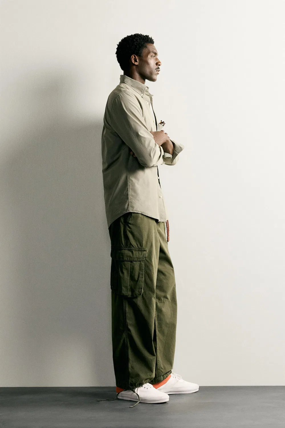 Хлопковая рубашка стандартного кроя ZARA, Khaki — фото 4