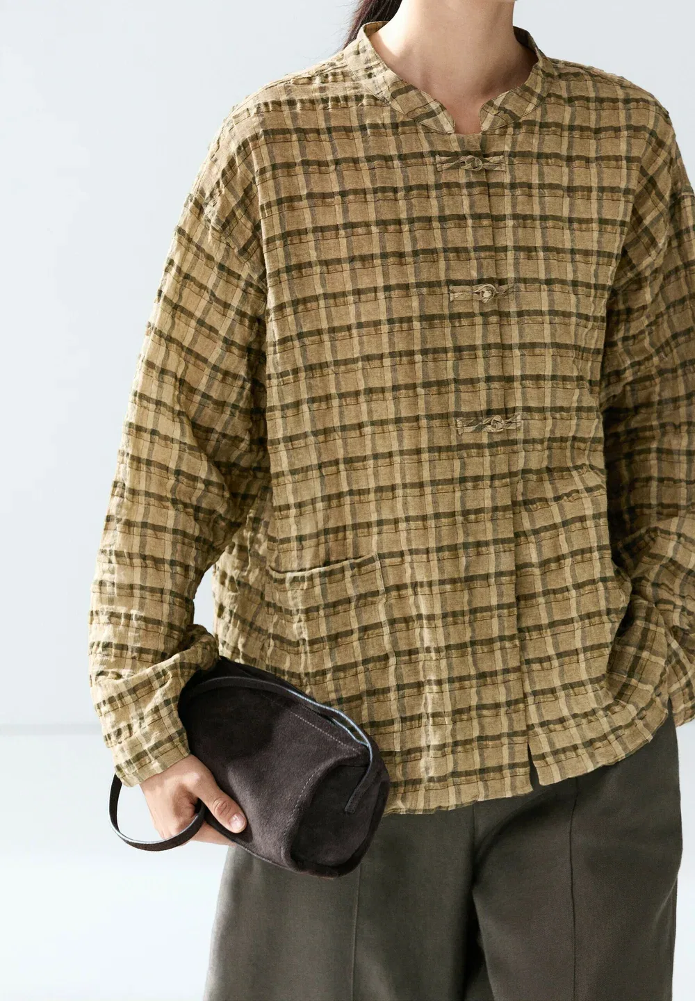 Свободная клетчатая рубашка - блузка на пуговицах Massimo Dutti, Mustard Yellow — фото 3