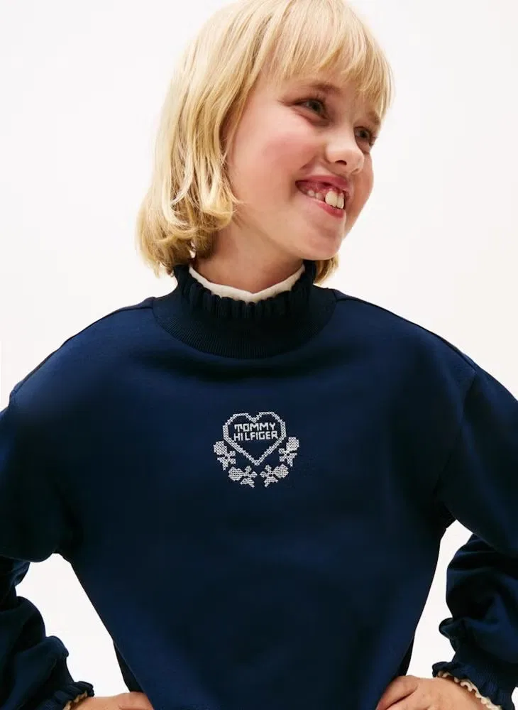 Платье трикотажное с рюшами на горловине и манжетах, модель Kids Camp, Tommy Hilfiger, темно-синий — фото 3