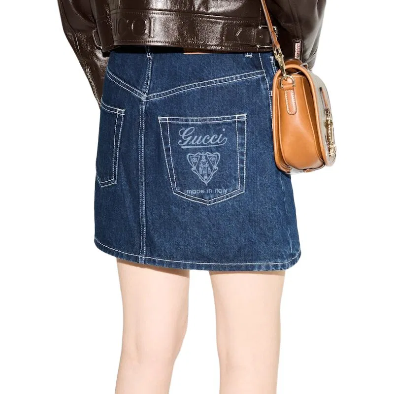 Женская джинсовая мини-юбка с лазерной перфорацией GUCCI, Blue — фото 3