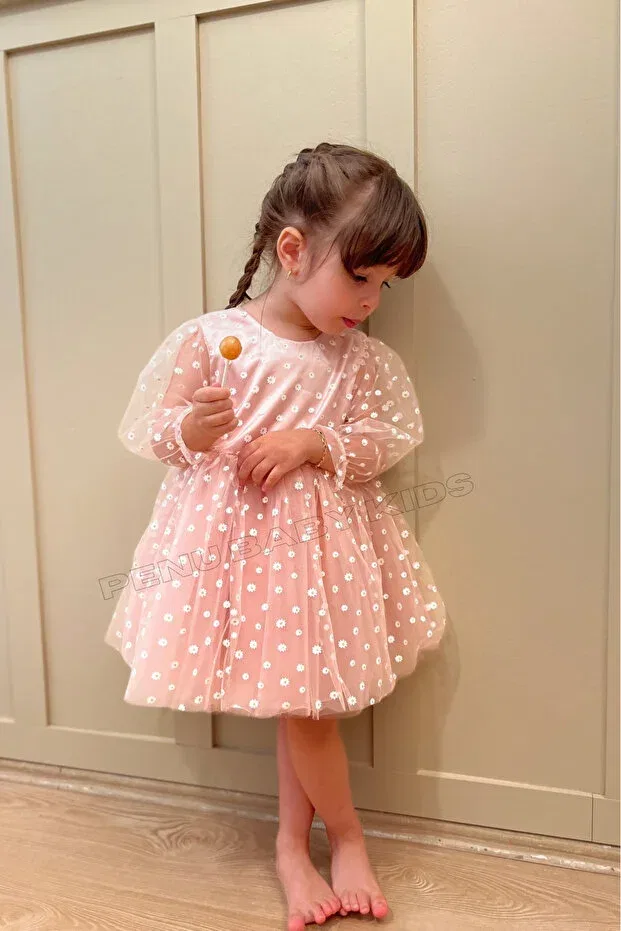 Детское платье для девочек с принтом Powder Pink Floral Print Tulle Skirt and Three-Quarter Sleeve Tulle Dress for Baby Girl & Girl - Flower Penu Baby Kids, Powder Pink — фото 3