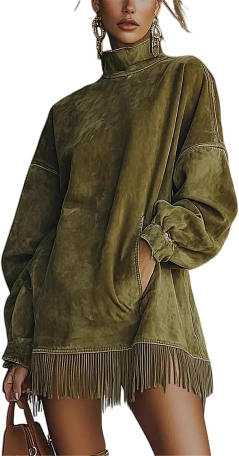 Женское мини-платье с бахромой из замши, Army Green