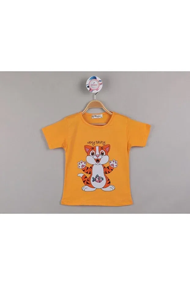 Детская футболка для девочек с принтом Short Sleeve T-Shirt Girl Cute Kitten Printed Cotton Edoy, Mustard Yellow
