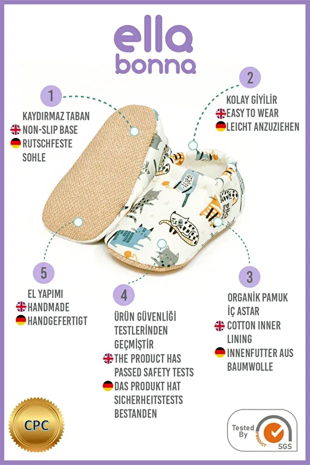 Детские пинетки для новорожденных с принтом Non-Slip sole cat patterned baby booties Ella Bonna, Cat — фото 3