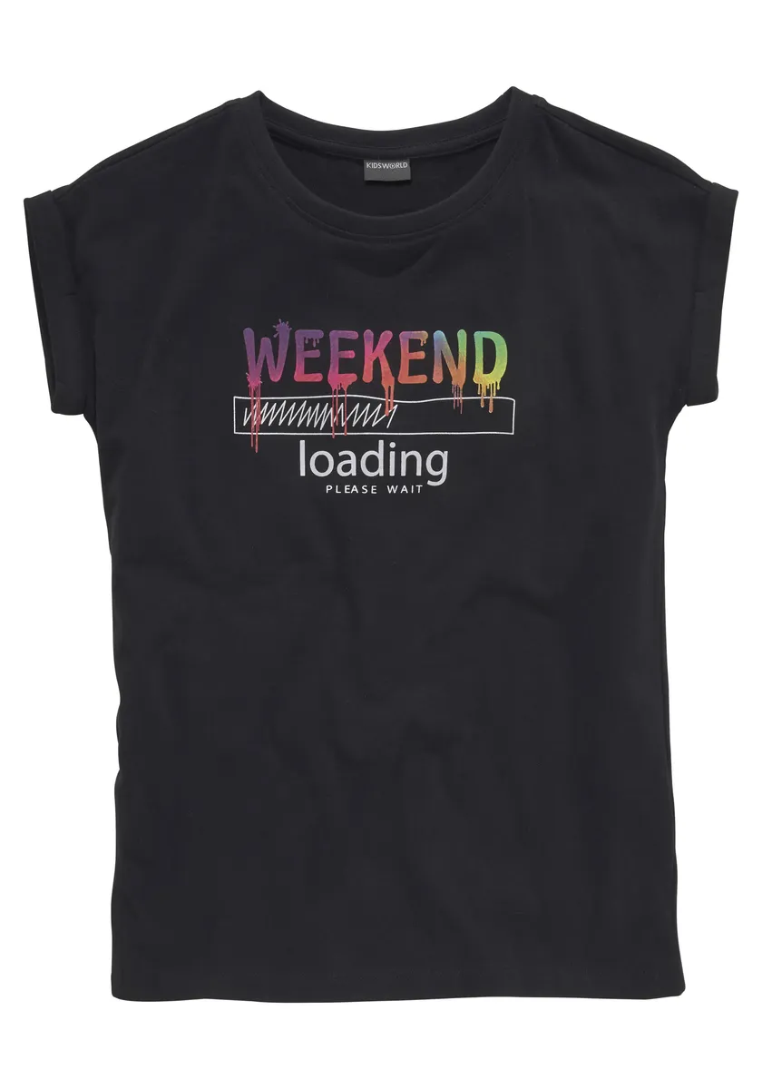 KIDSWORLD Футболка "WEEKEND loading...пожалуйста, подождите", в более повседневном стиле, цвета радуги разные, черный — фото 2