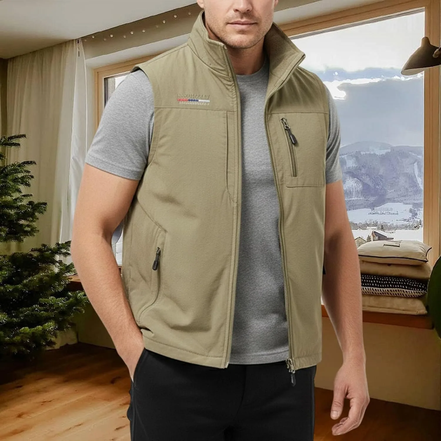 Мужская флисовая жилетка Reversible Zip Up с карманами, свободный воротник-стойка, однотонная куртка для путешествий и спорта Generic, хаки — фото 3
