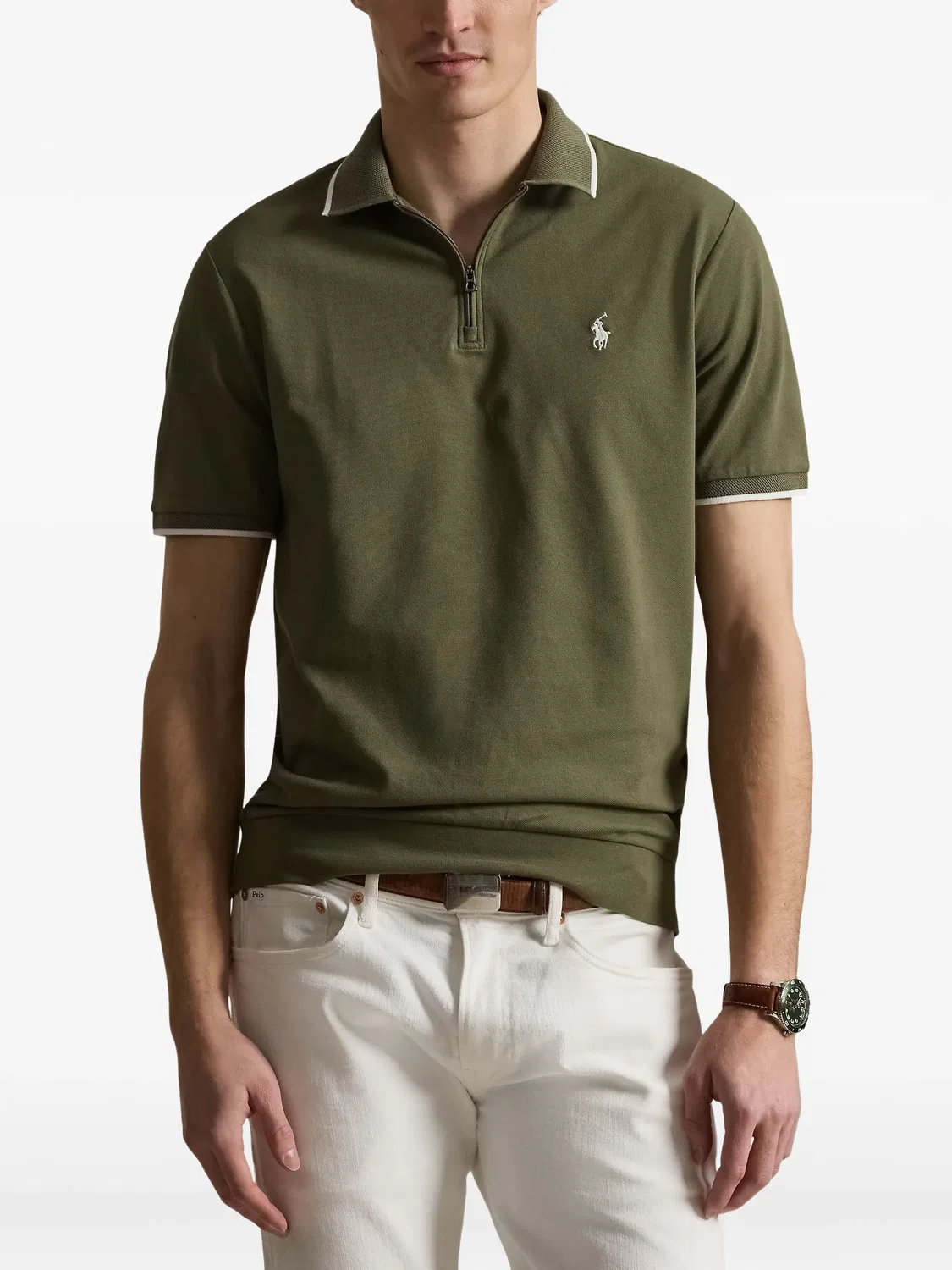 Рубашка поло на молнии с вышитым логотипом Polo Ralph Lauren, зеленый — фото 2