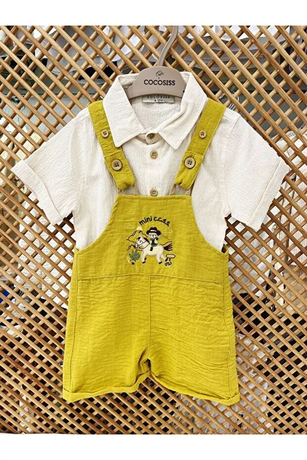 Детский комбинезон для мальчиков хлопковый Cocosiss 2 piece baby boy salopet set Park Bebe, Mustard — фото 3