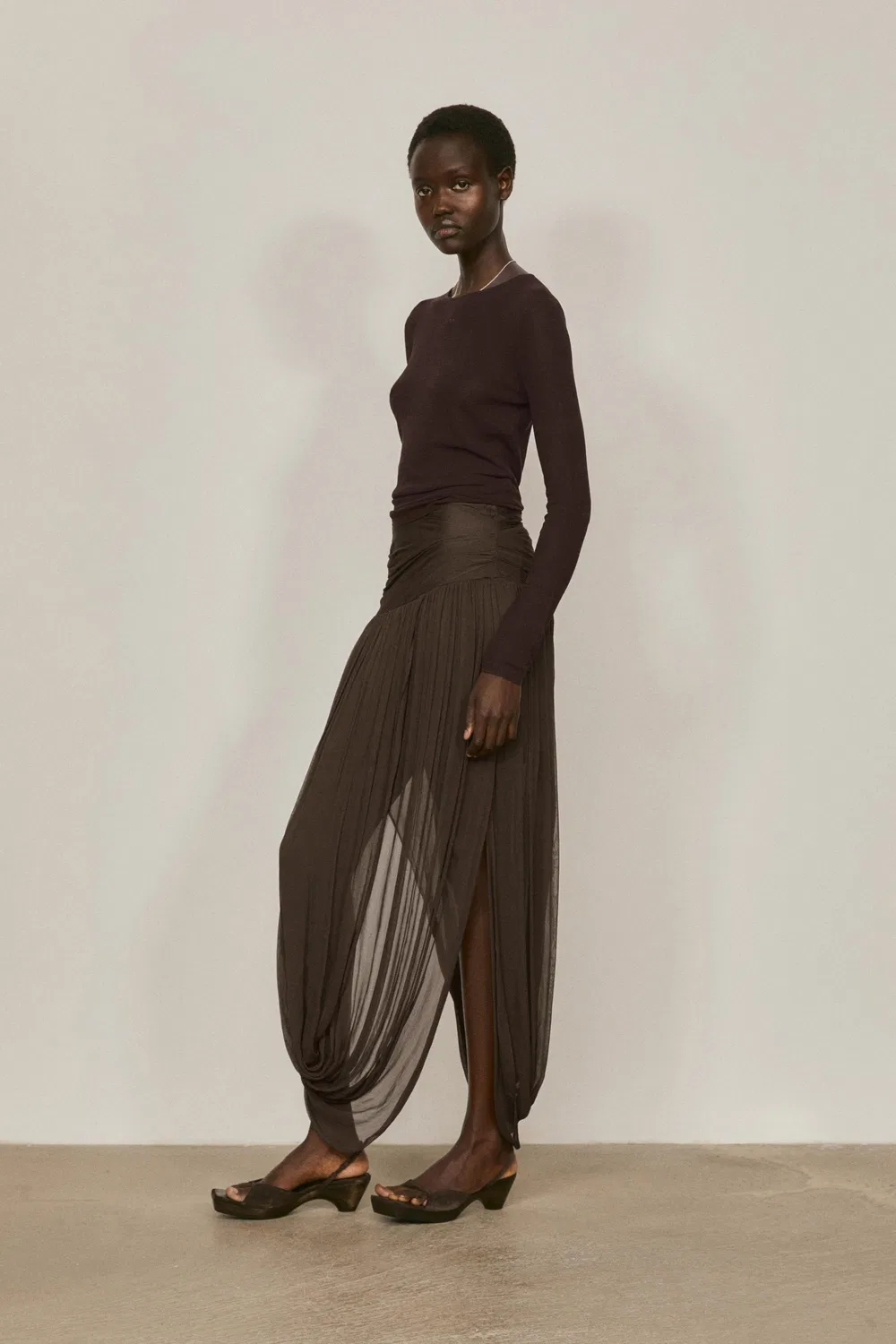 Юбка миди Massimo Dutti, лимитированная серия с пышными деталями, коричневый — фото 2