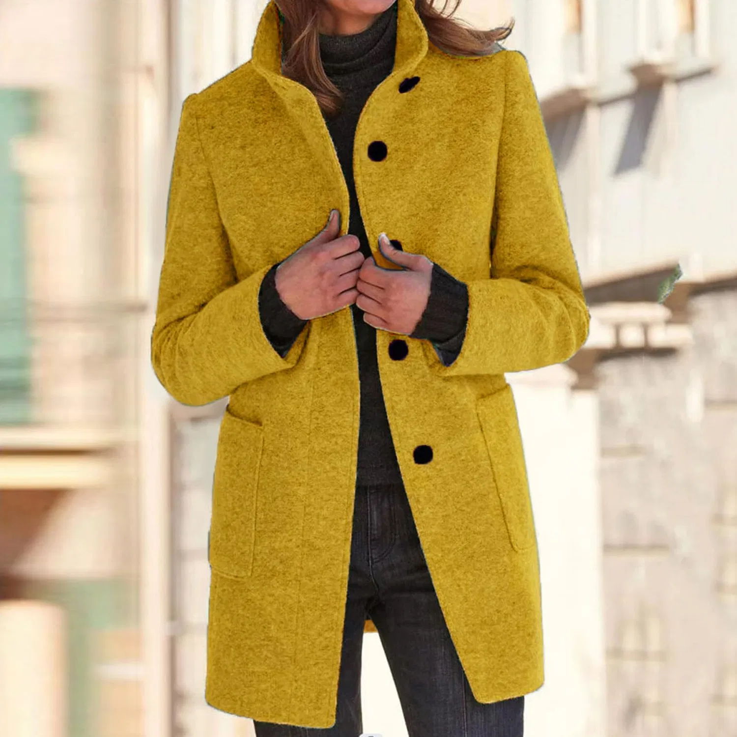 Женское пальто с лацканами из букле, однобортное, средней длины, Comfortable Lapel Wool Cardigan Chunky Jacket, Z1Yellow — фото 2