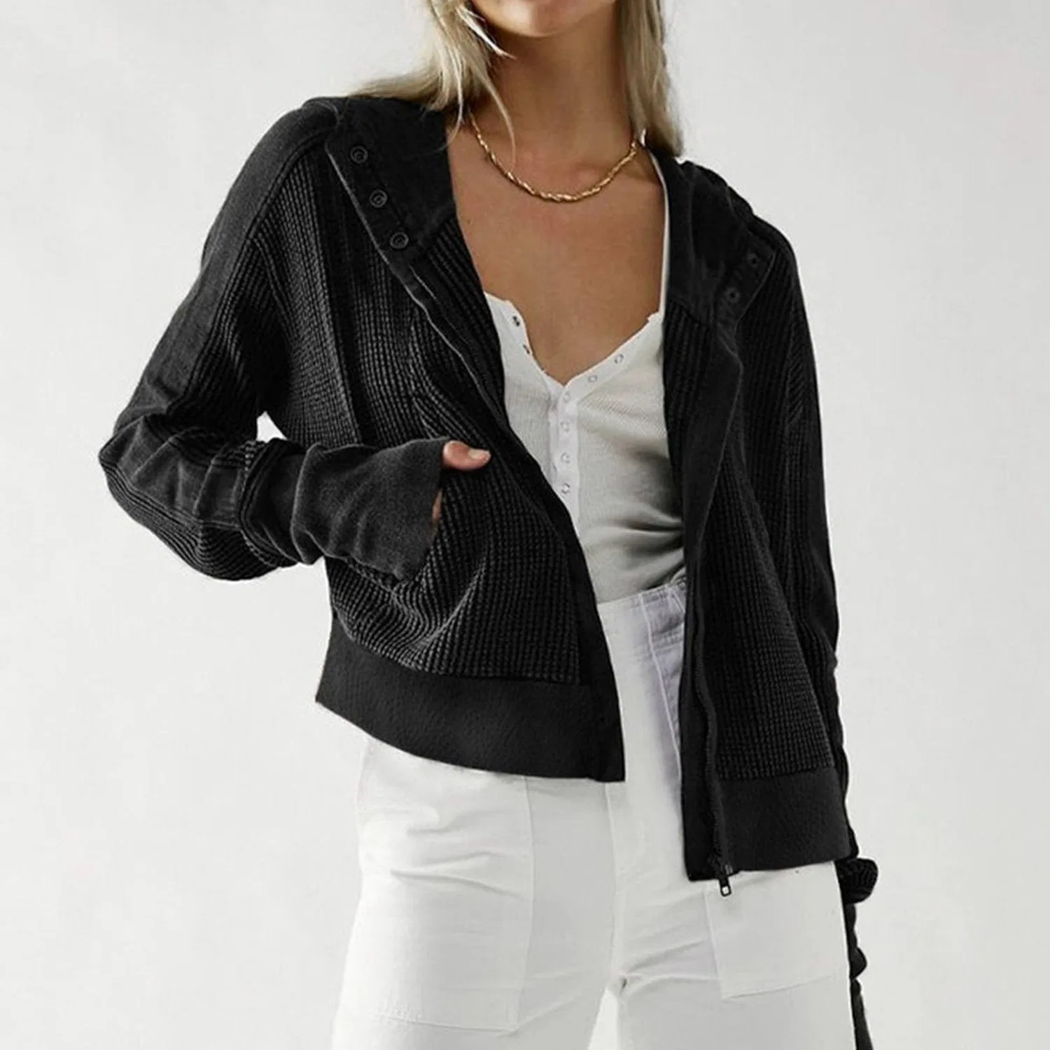 Женское худи с короткой молнией из вельвета Honeycomb Jacket, Black — фото 4