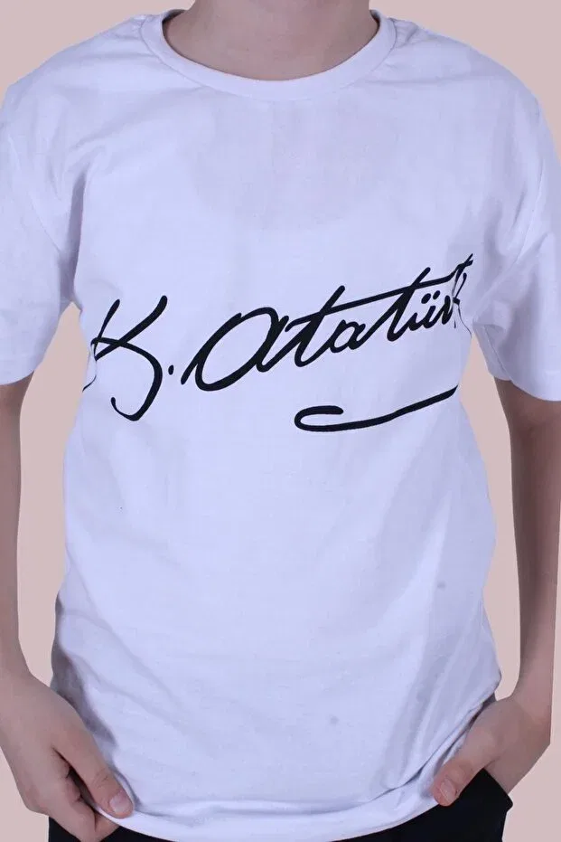 Детская футболка с принтом Signed Ataturk Printed Unisexs T-Shirt Panio Kids, White - Black — фото 4