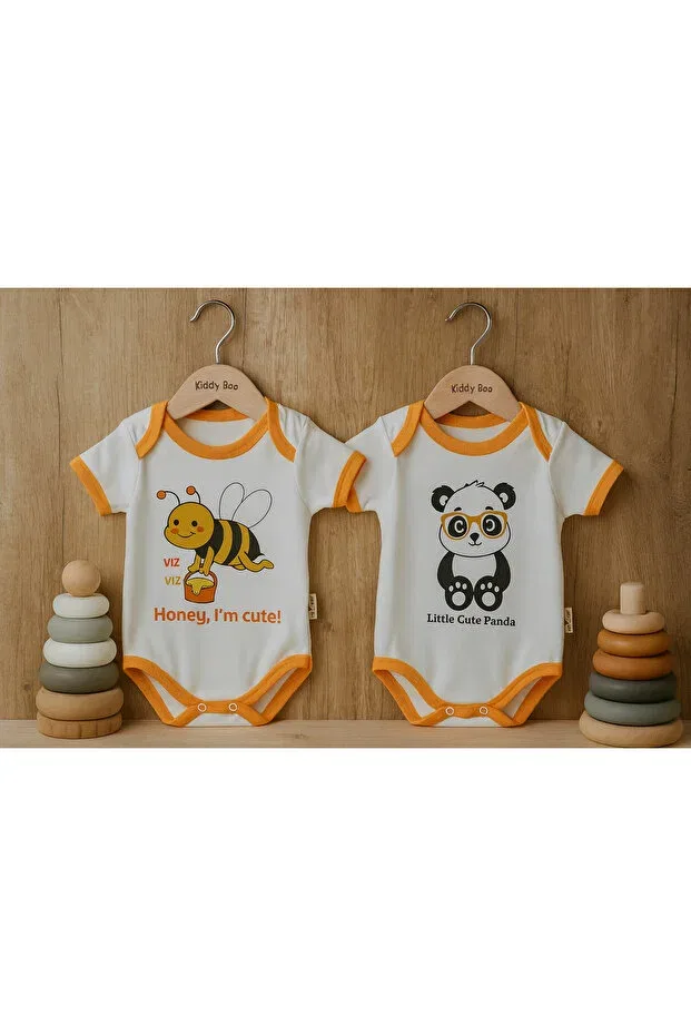 Детское боди для новорожденных с принтом Pack of 2 100% cotton organic printed unisex girls boys snapback bodysuit bee-panda Kiddy Boo, White-Yellow