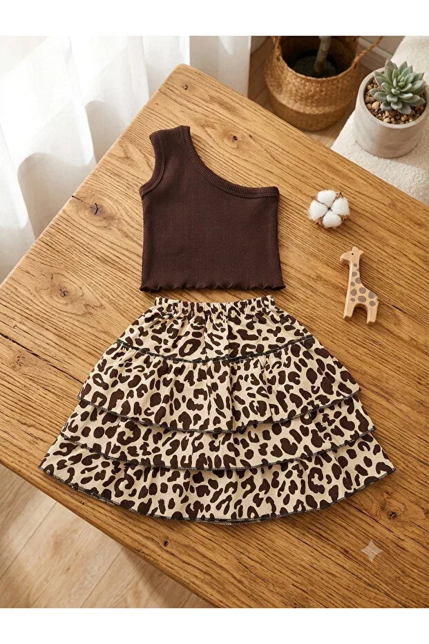 Детский комплект для девочек с принтом Leopard Print Layered Skirt And Brown One-shoulder Ribbed Crop Top Set Bahnur, Brown