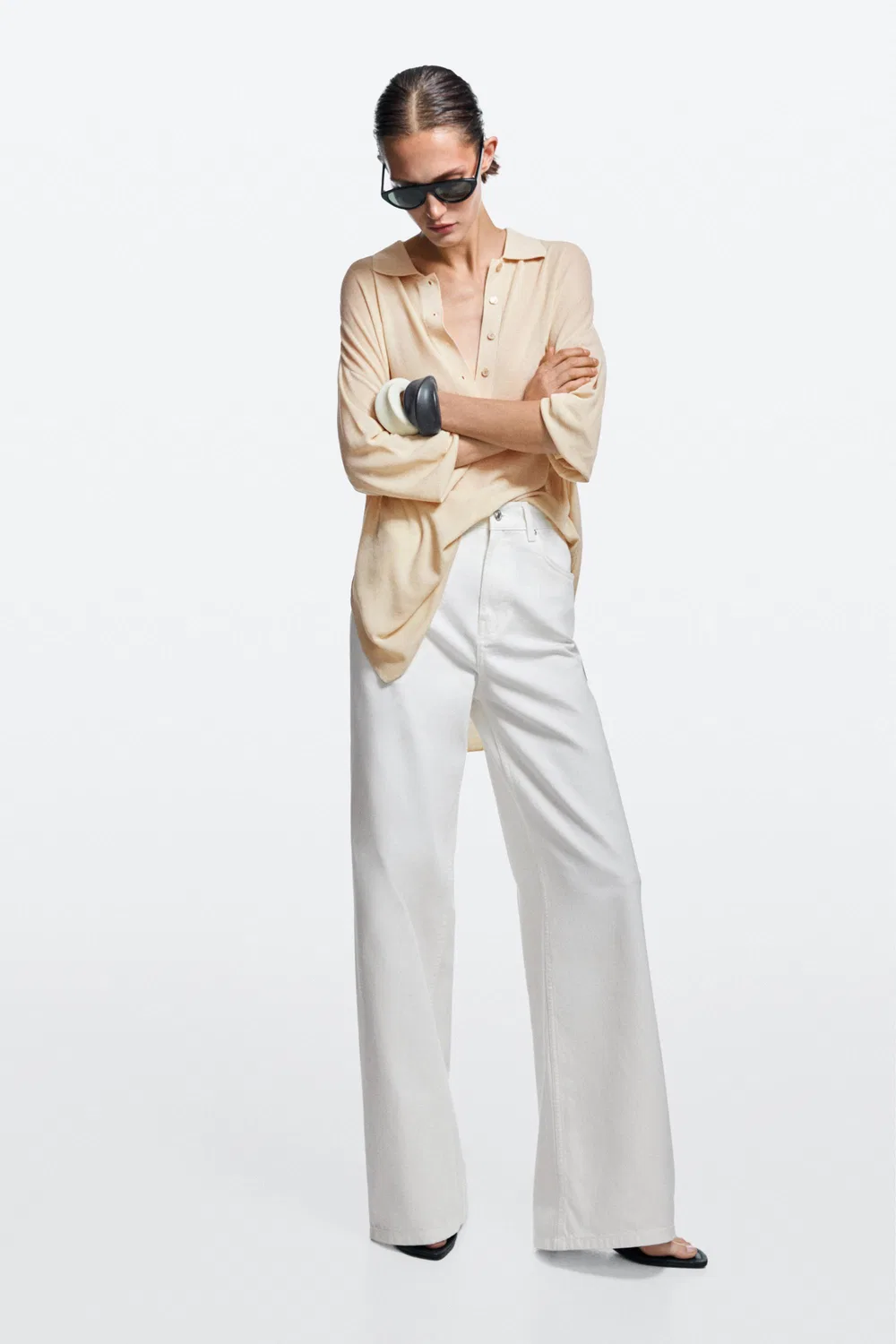 Джинсы Massimo Dutti High-waist Wide-leg, кремовый — фото 3