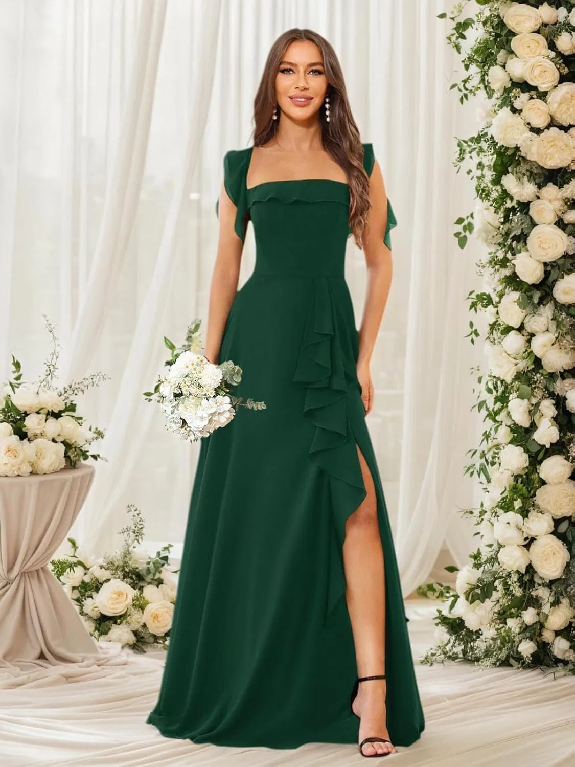 Женское длинное платье с разрезом и рюшами A-Line из шифона, Emerald Green — фото 3