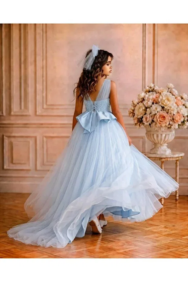 Детское платье для девочек с принтом Girl'S Pearls Tulle Evening Dress By Feyza Kids Collection, Blue — фото 3