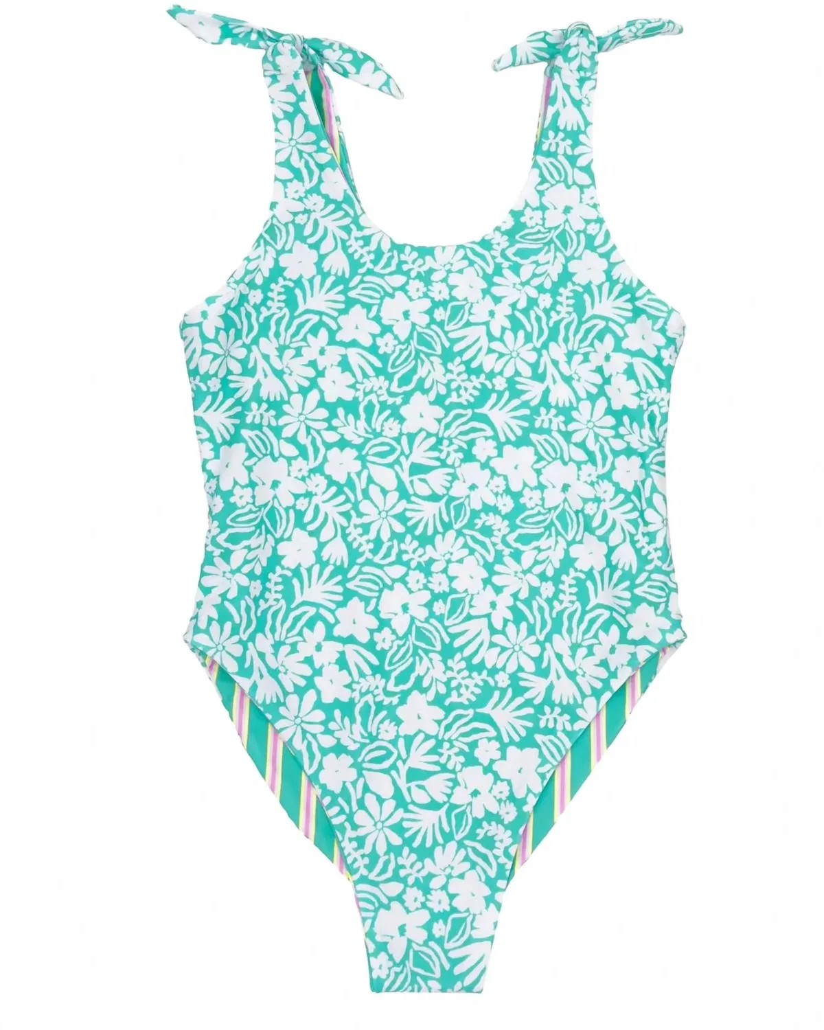Детский купальник слитный с завязками на плечах Skye Reversible feather 4 arrow, Blue Sea Ya/ Reef Stripe