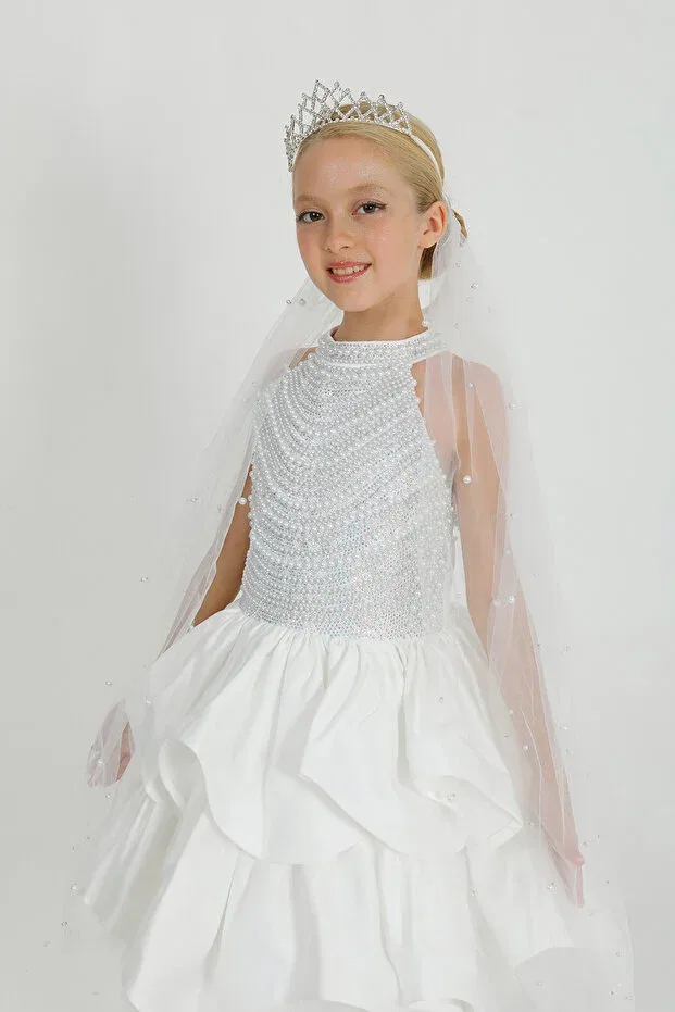 Детское платье для девочек с жемчугом Pearl-Embellished evening gown Star Pearl Kids, White — фото 3