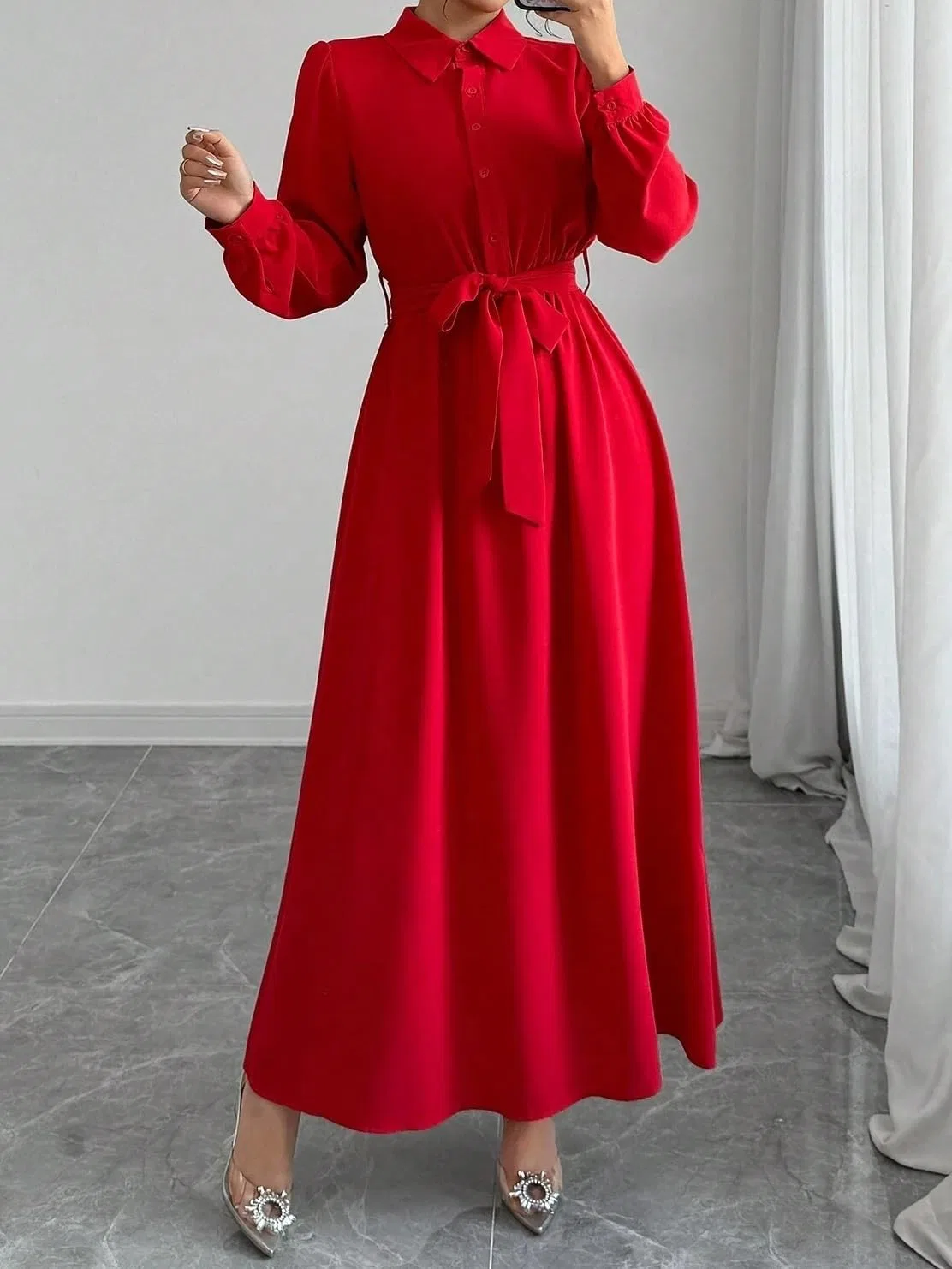Женское элегантное платье-макси на пуговицах с поясом, Red — фото 3