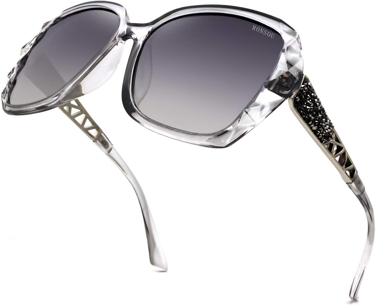 

RONSOU Модные солнцезащитные очки для женщин, увеличенного размера, поляризованные, с защитой от УФ-излучения, винтажные классические солнцезащитные очки для женщин, Transparent Grey Frame Grey Lens