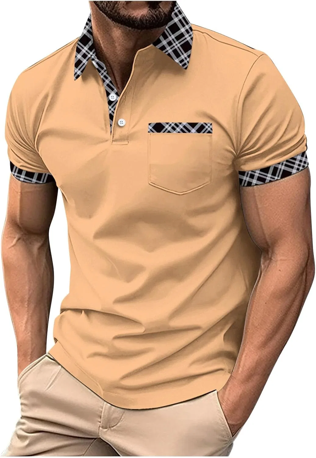 Мужская спортивная футболка с контрастным блоком цвета, Color Block Lapel, Khaki