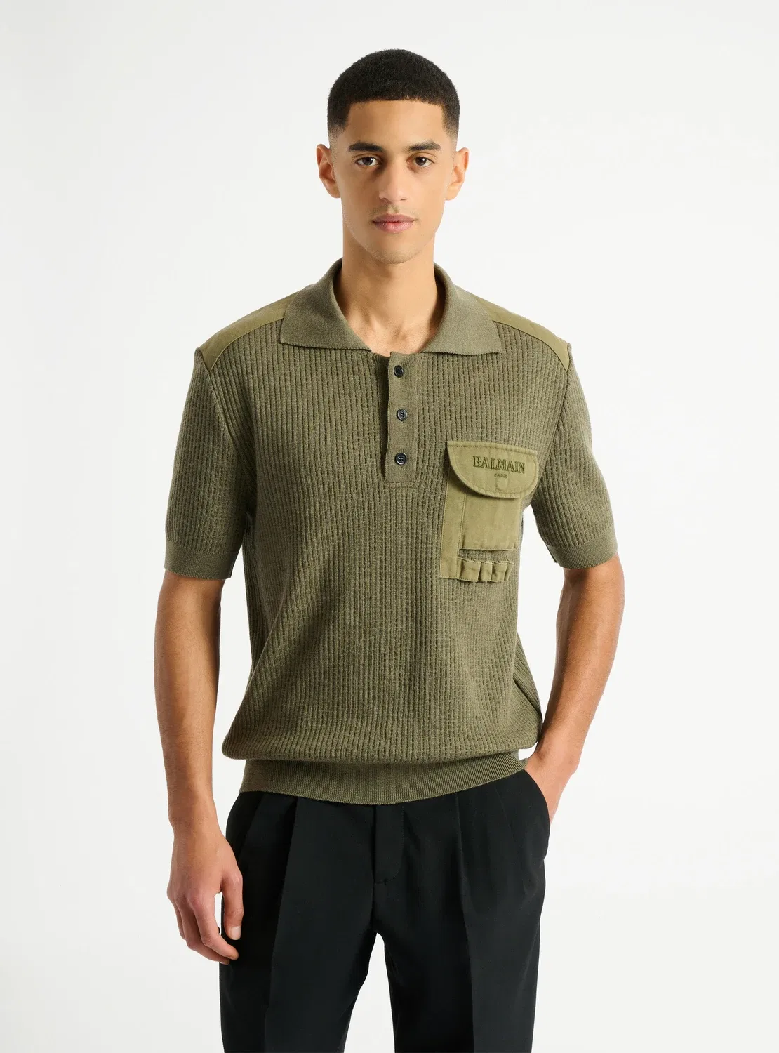 Винтажное поло Balmain Utility из ребристого трикотажа, хаки — фото 4