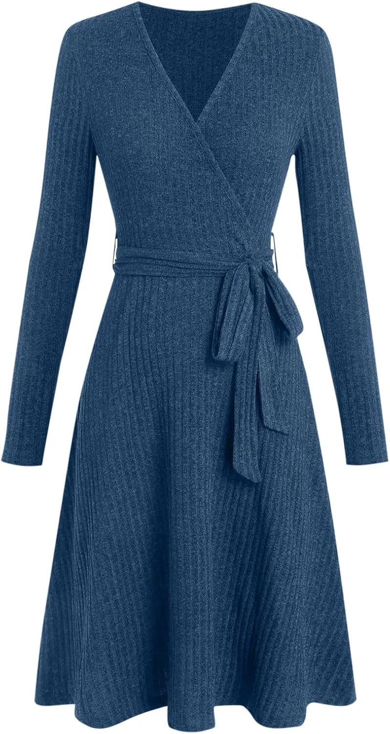 Женское трикотажное платье миди с поясом, Blue