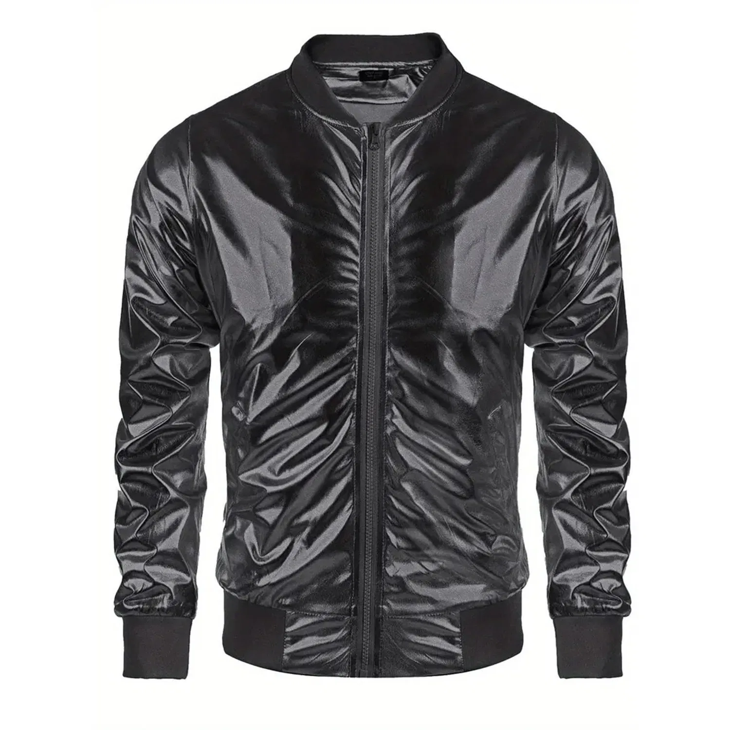 Мужская куртка-бомбер с металлическим блеском, slim fit, на молнии, для вечеринок, Black