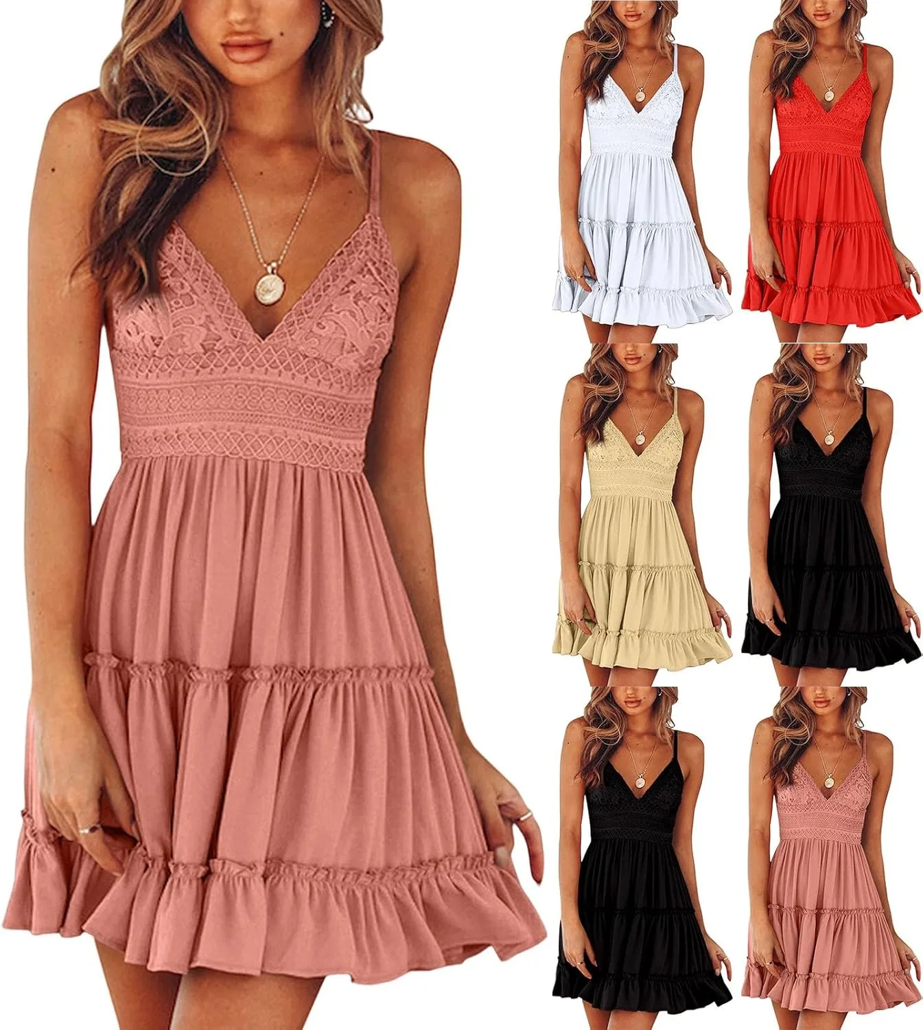 Женское летнее мини-платье с кружевной отделкой Spaghetti Strap, Pink