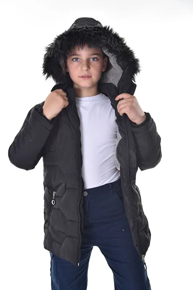 Детский пуховик с капюшоном и меховым воротником Öfi Kids, Black — фото 4