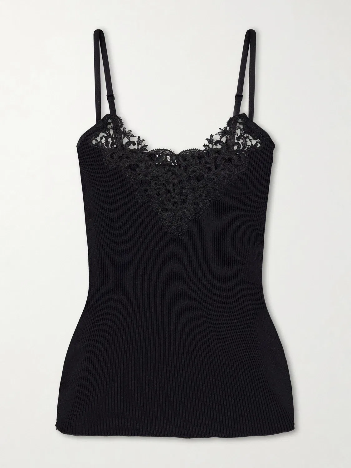 Шелковая майка в рубчик с кружевной отделкой SAINT LAURENT, черный