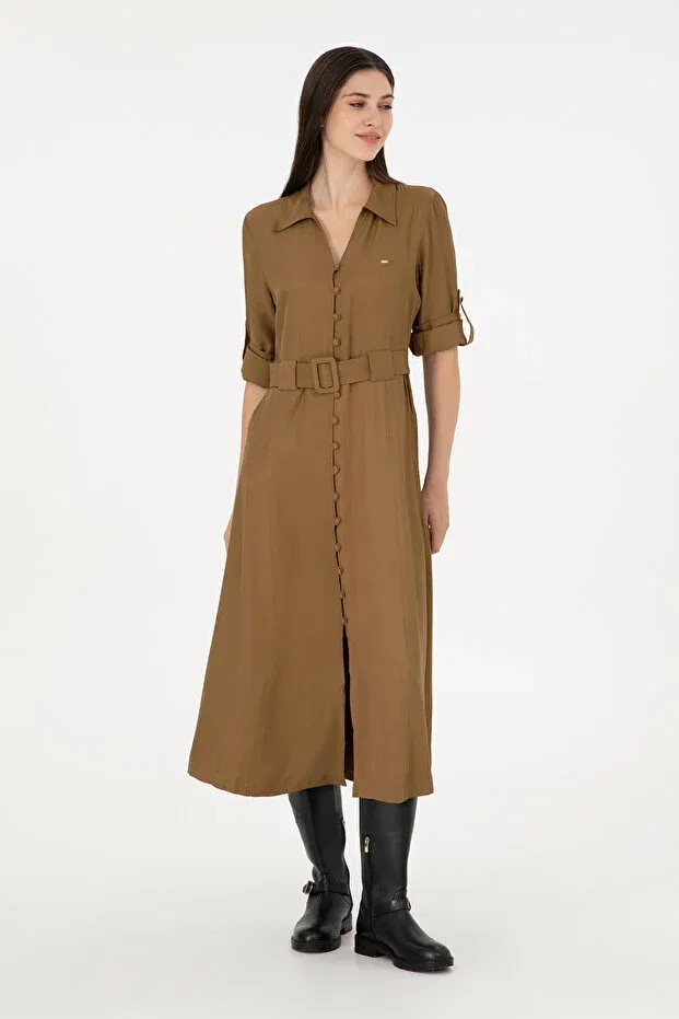 Женское платье-трапеция с длинным рукавом U.S. Polo Assn., Khaki — фото 3