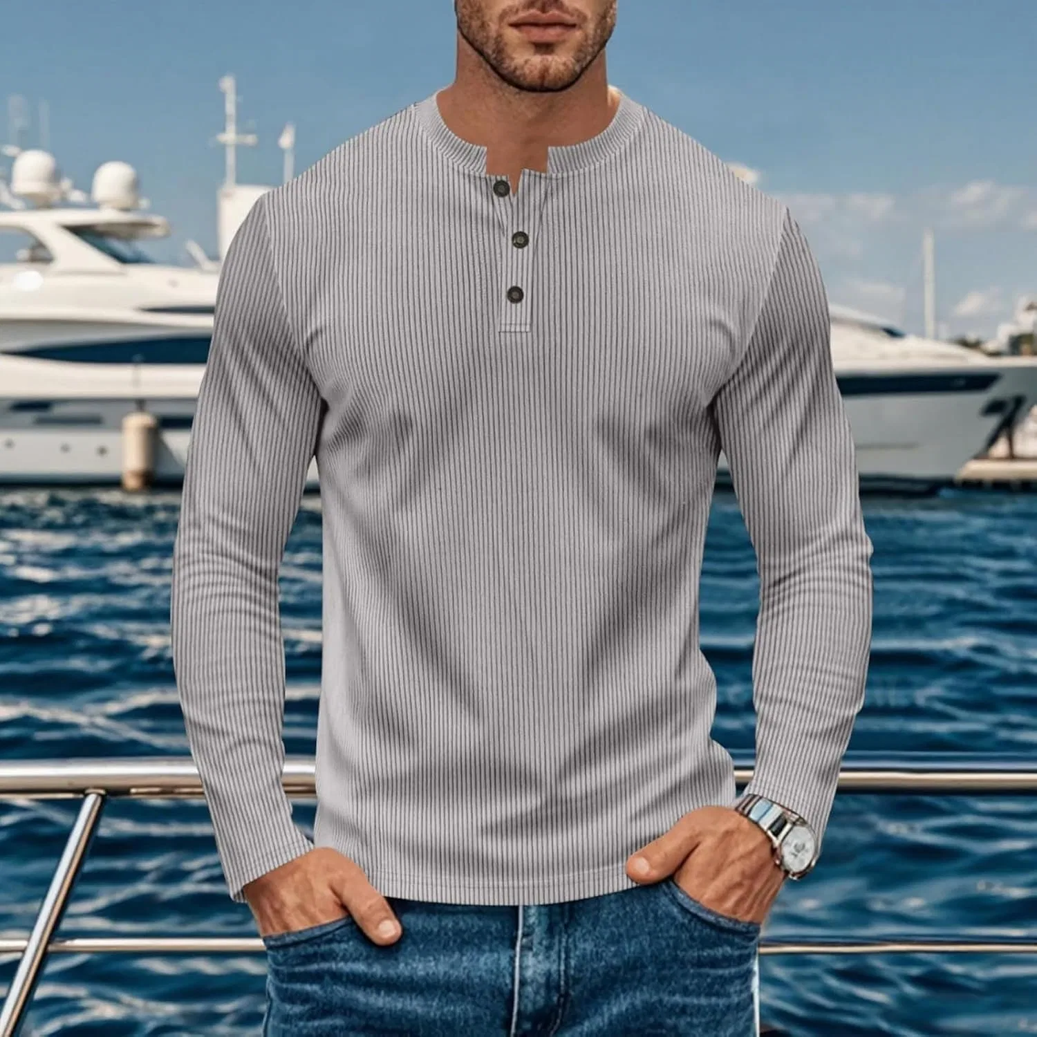 Мужская длинная футболка с воротником-поло Performance Henley, Gray — фото 2