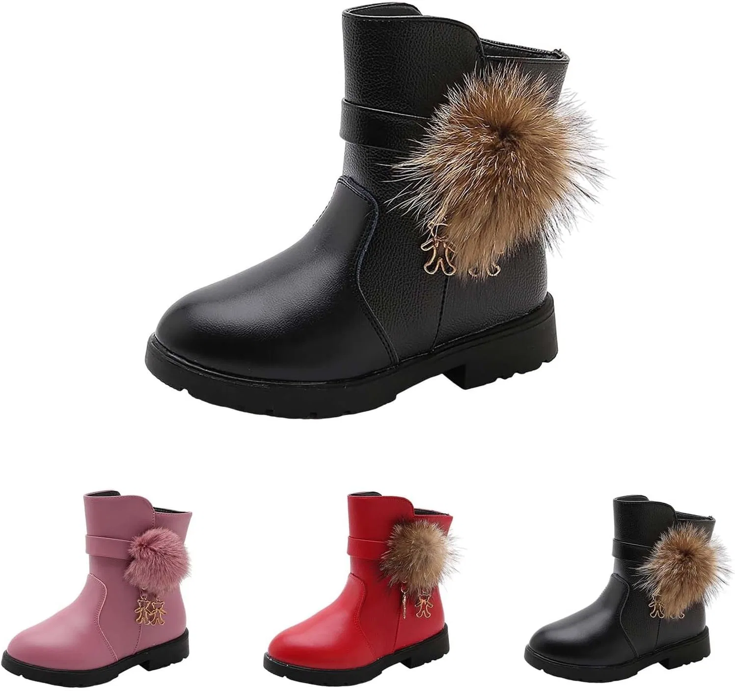 Детские сапоги для девочек с боковой молнией, из PU-кожи, зимние, Black — фото 3