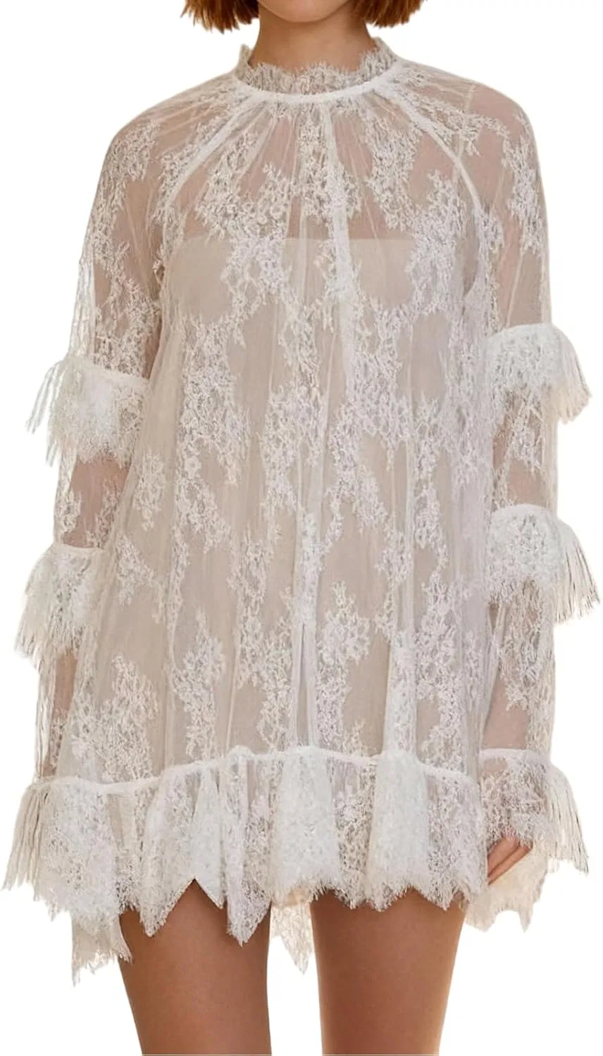 Женское прозрачное кружевное платье мини с длинным рукавом, White